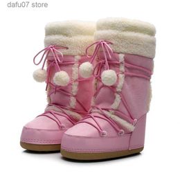 Boots 2023 Winter Women Snow Boots Mid-calf Lace-up Fur Boots Female Platform Non-slip Pink Cotton Boots Outdoor Sportswear Ski Boots T231106