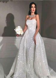 Volle Pailletten Plus Size Überrock Country Brautkleid Glitter Mermaid Style Arabische Brautkleider mit abnehmbarer Schleppe Trägerlos 4604991