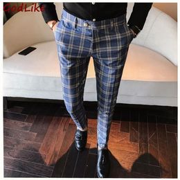 New 100% High Quality Plaid Pant Formal Wedding Mens Slim Fit Suit Pants Fashion Casual Straight Dress Trousers237M