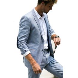 Men's Suits Blazers Smoking Blue Linen Men's Classic Summer Jacket Men's Wedding Intelligent Leisure Beach Prom Jacket Ultra Thin JacketPants 230406