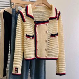 Women's Knits Hollow Out Knitted Cardigan Autumn Contrast Short Fragrant Double Breasted Sweater Coat