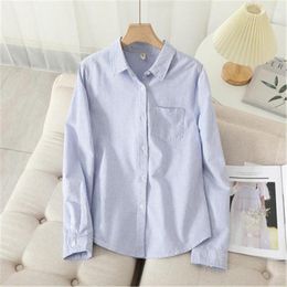 Women's Blouses Japanese Style Women Cotton Shirt 2023 Autumn Woman Beautiful Casual Tops And Blouse Lady White Blue Striped Shirts Clothes
