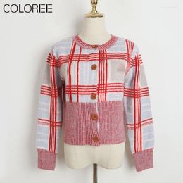 Women's Knits Luxury Winter Clothes Women Runway Designer O-neck Long Sleeve Top Mujer 2023 Vintage Pink Plaid Pull Femme Hiver