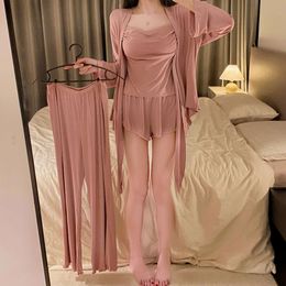 Pamas Woman 4/3 Pcs Sexy Sleepwear Lingerie Set with Chest Pad Modal Pyjamamas Long Sleeve Pure Cotton Home Negligee Homewear