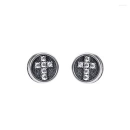 Stud Earrings Vintage S925 Sterling Silver Cross Earring CZ Stones On The Periphery Hiphop Jewellery Fashion Aged Finish