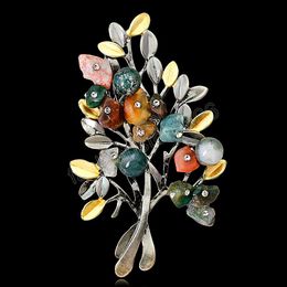 Fashion Flower Brooches Jewelry Natural Stone Retro Tree Brooch For Woman Pins Buckle Wedding Party Vintage Accessories