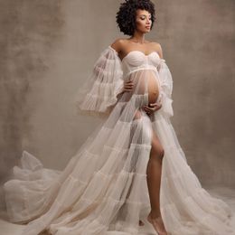 See Thru Pleat Tulle Maternity Dress with Removable Sleeves Sweetheart Prom Gown Front Split Photoshoot Boudoir Lingerie