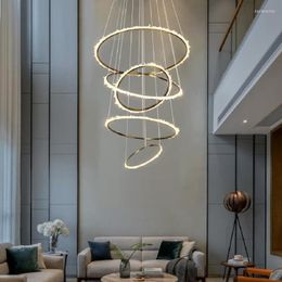 Chandeliers Lustre Luxury Duplex Building Crystal Chandelier Living Room Staircase Golden Modern Simple Shape Circle Circular Lamp LED Light