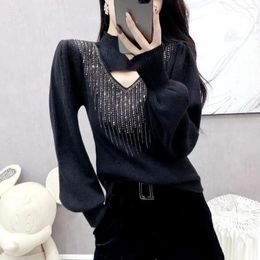 Women's Sweaters Autumn Women Hollow Out Diamonds Long Sleeve T Shirts 2023 Casual Soft Tops Slim Fit Thin Knitted Half High Neck Sweater