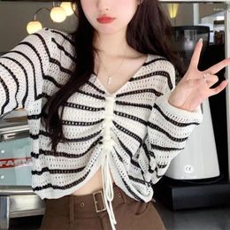 Women's T Shirts Early Autumn Design Sense Niche V-neck Striped Hollow Drawstring Long Sleeve Knitted Sun Protective Blouse Clothing