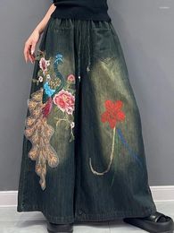 Women's Jeans SuperAen Autumn 2023 Korean Fashion Embroidery Flower Denim Wide-leg One-piece Pants Women