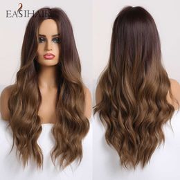 Synthetic Wigs Easihair Long Wavy Brown Ombre Synthetic Wigs for Women Middle Part Wave Natural Hair Heat Resistant Daily Wig 230227