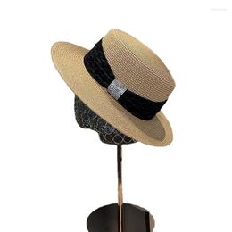 Wide Brim Hats 2023 Summer Ladies All-match Sun Hat French Retro Bow Flat Top Straw Women Holiday Sunshade Breathable Anti-UV Beach