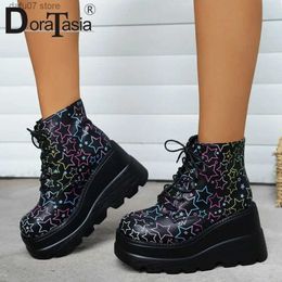 Boots Brand New Ladies Lace-up Goth Platform Ankle Boots Fashion Print Wedges High Heel women's Boots Party Cosplay Street Woman Shoes T231106