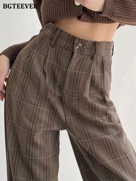 Women's Shorts BGTEEVER Vintage Loose Pocket Plaid Trousers Spring Summer High Waist One Button Casual Ladies Wide Leg Pants 230404