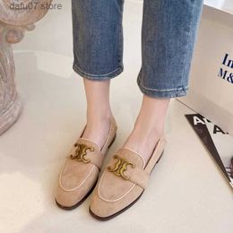 Dress Shoes French Retro Metal Buckle Loafers Women's English Style High Heel Flat Single Shoes Ladies Dress Shoes Faux Suede Low Heels T231106