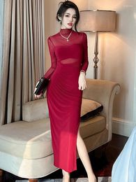 Casual Dresses Trendy Ladies Christmas Dress Year Women Clothes Solid See Through Sexy Bodycon Maxi Gown Mujer Robe Elastic Vestidos Fiesta