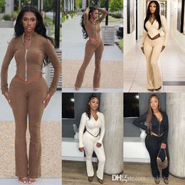 Tracksuit Women Sexy Sweatsuit Clothing 2023 Fall Two Piece Set Solid Colour Zipper Spliced Irregular Top V-Waist Tights Flare Pants 2PCS Suit Outfit
