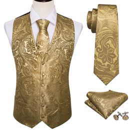 Men's Vests 4PC Mens Silk Vest Party Wedding Gold Paisley Solid Floral Waistcoat Vest Pocket Square Tie Suit Set Barry.Wang BM- 230404