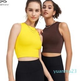 Yoga Outfit Seamless Knitting Shockproof Running Sports Bra Women High Collar Built-In Fixed Cup Sleeveless Quick Drying Fitness Vest