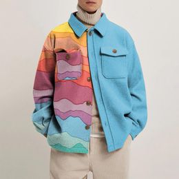 Men s Jackets Coat Unique Pattern down Collar Woolen Loose Printed Jacket Winter Fashion Abstract Male Coats 230406