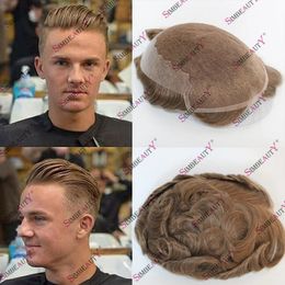 Durable Q6 Bleached Knots Breathable Lace Men's Wigs BrownBlonde/Black Human Hair Toupee Replacement System Hairpieces For Men