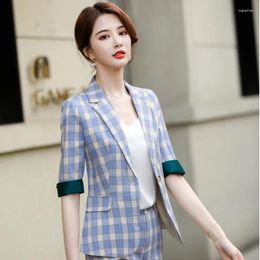 Women's Suits 2023 Jacket Women Noble Blue Plaid Coat OL Styles High Quality Fabric Summer Blazers For Business Work Blazer Outwear Tops