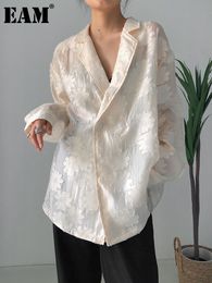 Women's Blouses Shirts EAM Women Beige Jacquard Embroidery Big Size Blouse Lapel Long Sleeve Loose Fit Shirt Fashion Spring Autumn 2023 1D478 230404