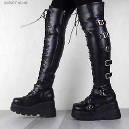 Boots Brand Design Female High Platform Thigh High Boots Fashion Buckle Punk High Heels Boots Women Cosplay Wedges Shoes Woman T231106