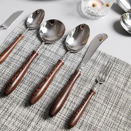 Dinnerware Sets Stainless Steel Chicken Wing Wooden Tableware Set Home El Knife Fork Spoon Kitchen Solid Wood Handle