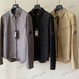 Men's Casual Shirts Lens men t shirts casual male gabardine garment dyed utility shirt long sleeve t-shirts zipper tops size M-XXL black grey khaki high quality T230406