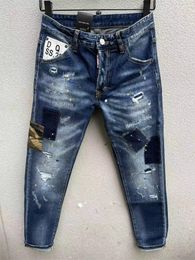 Mens Jeans fashion brand mens washing worn out torn paint locomotive jeans D100 230404
