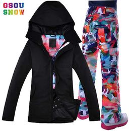 Other Sporting Goods Gsou Snow NEW Female Ski Suit Outdoors Waterproof Mountaineering Double Board Single Board Black Dazzle Colour Women Ski Suit HKD231106