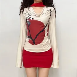 Women's T Shirts Chinese Style Printing Long Sleeve T-shirt Women Top Autumn And Winter Swinging Neck Spicy Girl Casual Slim Y2k Female