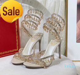 stiletto Sandals Luxury Designer Rene caovilla Crystal chandelier Rhinestone twining foot ring high heeled womens shoes narrow band 10CM heel Sandal 35-43HHs