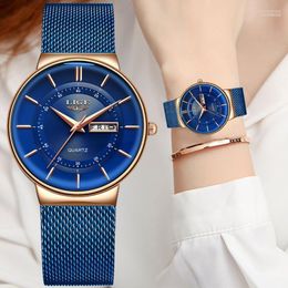 Wristwatches LIGE Women Watches Ultra-thin Calendar Week Quartz Watch Ladies Clocks Mesh Stainless Steel Waterproof Moun22