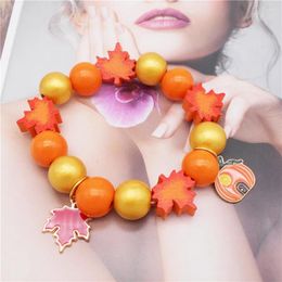 Charm Bracelets Wood Autumn Harvest Bead Bracelet Pumpkin Charms Elastic Rope For Women Men Jewellery Party Gifts