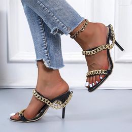 Sandals Chain Fashion Slippers Women's Square Head 2023 Summer Fit Black And White High Heel