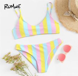 Sport Multicolor Striped Swimming Bikini Set Women Sexy Beach Triangle Swimsuit With Chest Pad Female Summer Swimwear6921059