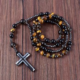 Chokers Natural Black Onyx With Tiger Eye Stone Catholic Christ Rosary Necklaces Hematite Cross Pendant Men Necklace Meditation Jewellery 230404