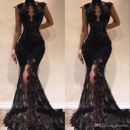 Sexy Black Sleeveless Mermaid Prom Party Party Abiti a collo alto Spacchi abiti da sera alti See attraverso abiti da celebrità in pizzo completo BC9390