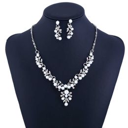 Bride Set Chain Leaf Pearl Necklace Earrings Korean Wedding Dress Two Piece