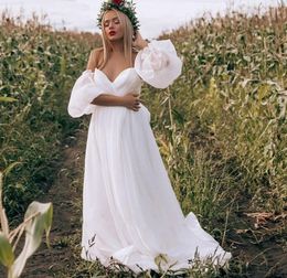 Sexy Bohemian Wedding Dress Off The Shoulder Chiffon Organza Beach Bridal Gowns Long Puffy Sleeves Side Split Simple Bride Dresses