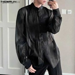 Men's Casual Shirts 2023 Men Shirt Solid Shiny Lapel Long Sleeve Mesh Loose Transparent Men Clothing Streetwear Fashion Party Shirts S-5XL Q231106