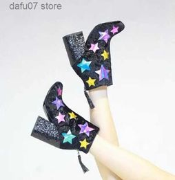 Boots Fashion Lightning Side Ladies Chunky Heel Boots Multi Colours Stars Patchwork Women Pointed Toe Glitter Ankle Boots Knight Boots T231106