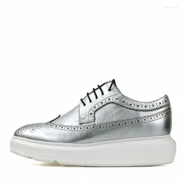 Dress Shoes White Silver Brogue Carved Leather Thick Heel Mens Casual Handmade Groom Wedding Shoe
