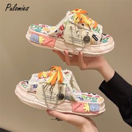 Slippers Fashion Design Summer Women Graffiti Slippers Platform Shoes Mules Flip Flops Street Sandals Clogs Flat Casual Shoes For Female 230404