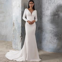 Modest Mermaid Wedding Dress 2024 Beads Bridal Gowns Long Sleeves V Neck Open Back Sweep Train Soft Satin Vestidos Noiva