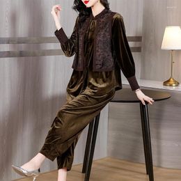 Women's Two Piece Pants 2023 Vintage Tassel Chinese Velvet Splice Set Silk Loose Large Top T-shirt Feet Fashion