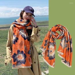 Scarves Faux Cashmere Scarf Women Girl Vintage Flower Shawl Stole Wraps Winter Warm Thick Kerchief For Lady 185 65cm